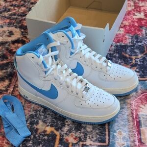 Nike Air Force 1 White and Light Blue Sneakers 9.5